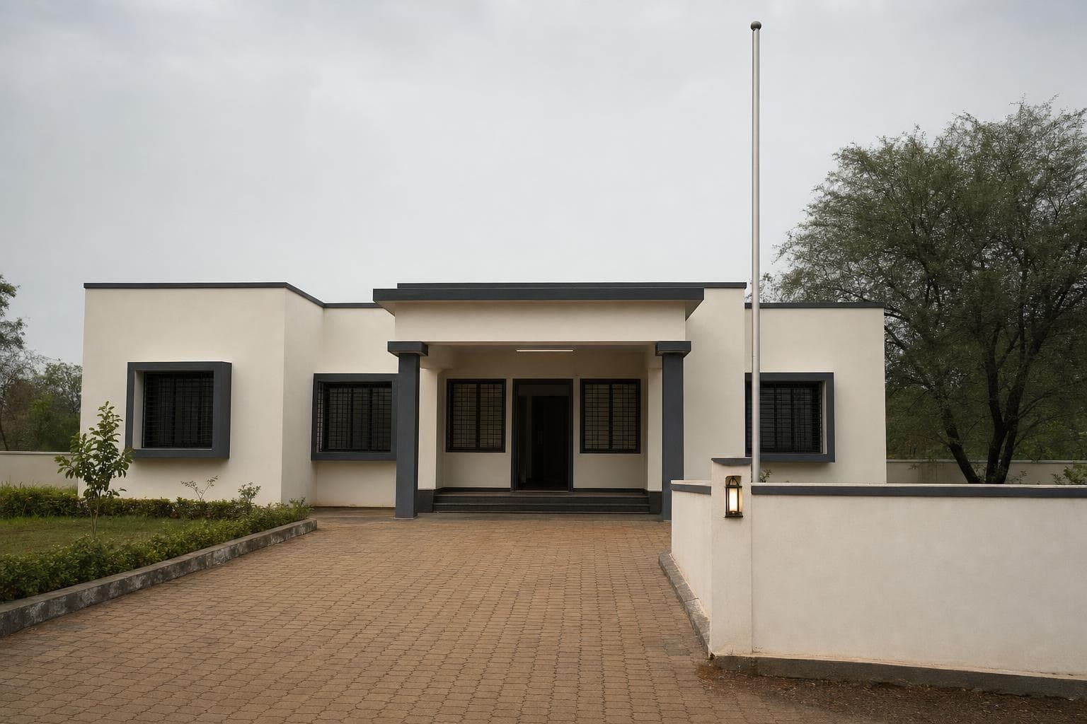 Newly built government police station building with a compound wall