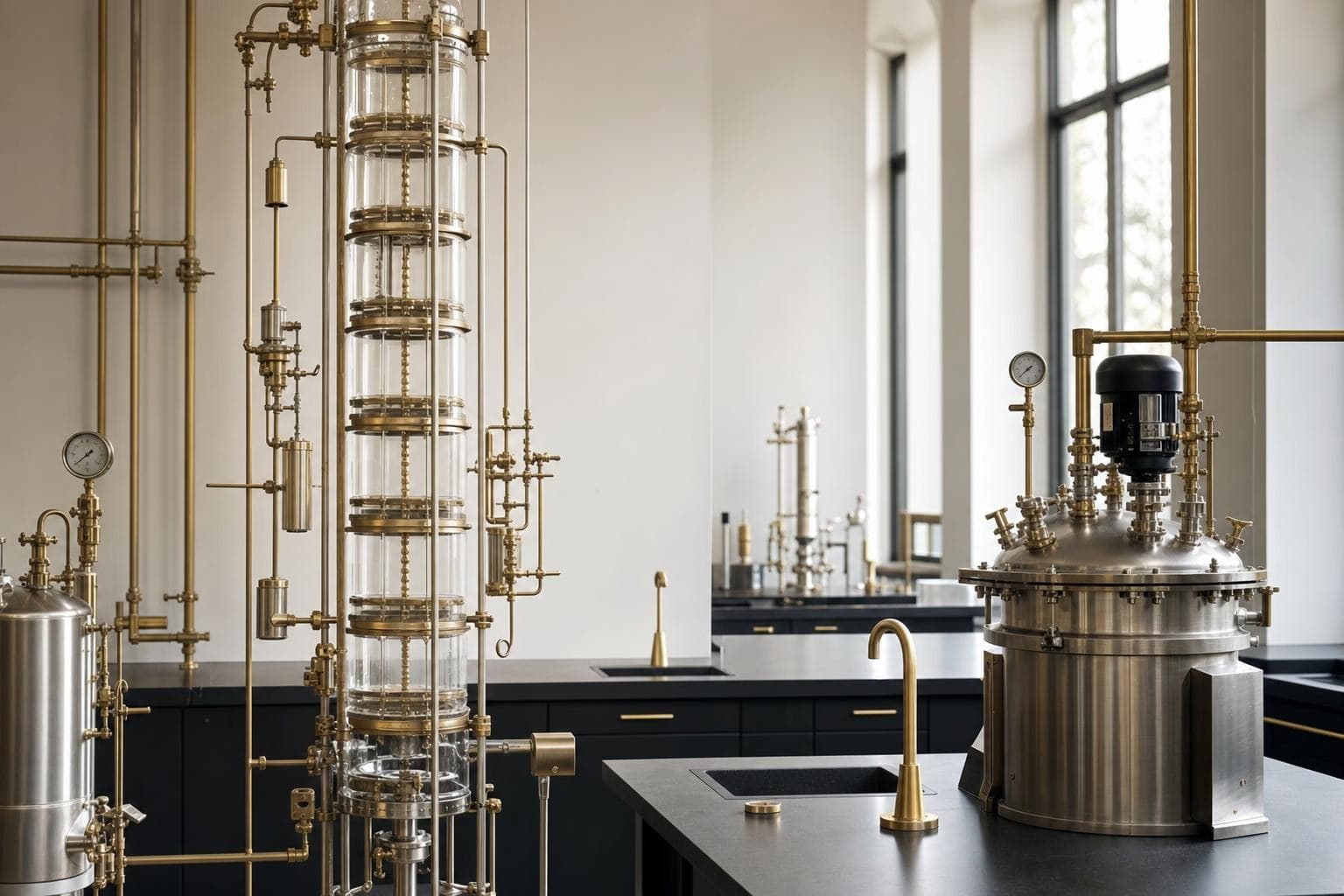 Chemical engineering laboratory with glassware and process equipment
