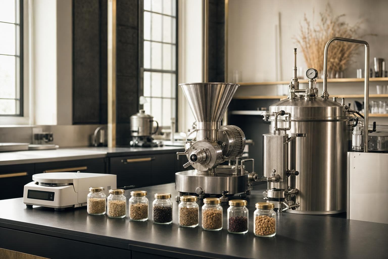 Stainless steel food processing equipment and sample jars in a food technology laboratory