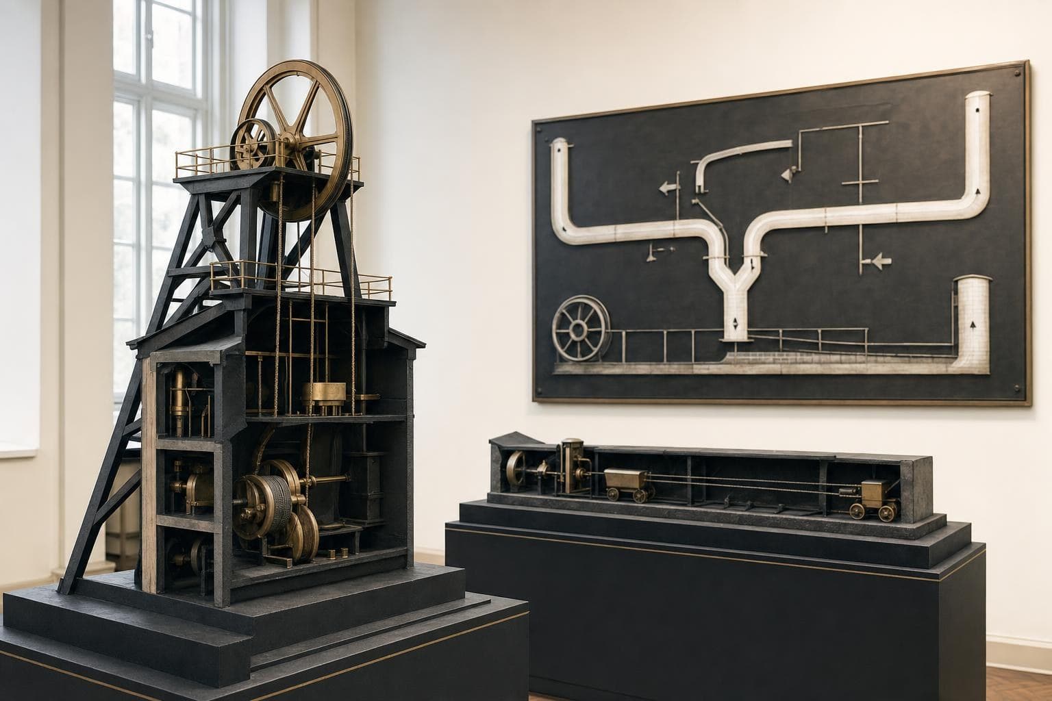Sectional mine winding and haulage demonstration models in a mining laboratory