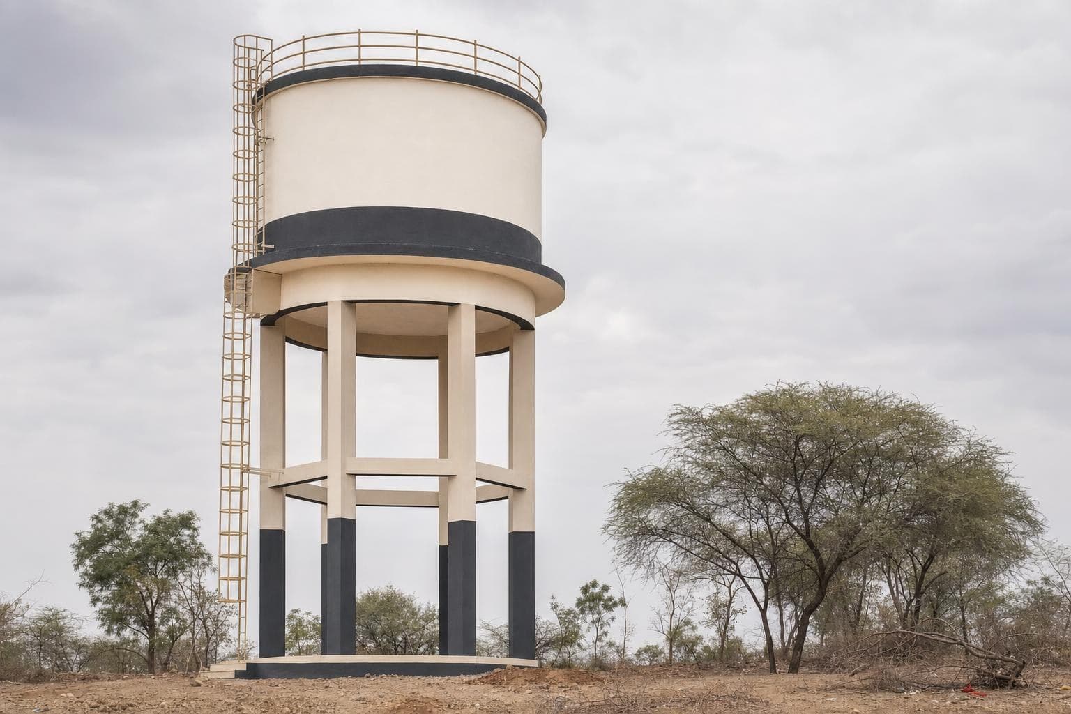 Elevated village water storage tank against an open sky in rural Maharashtra