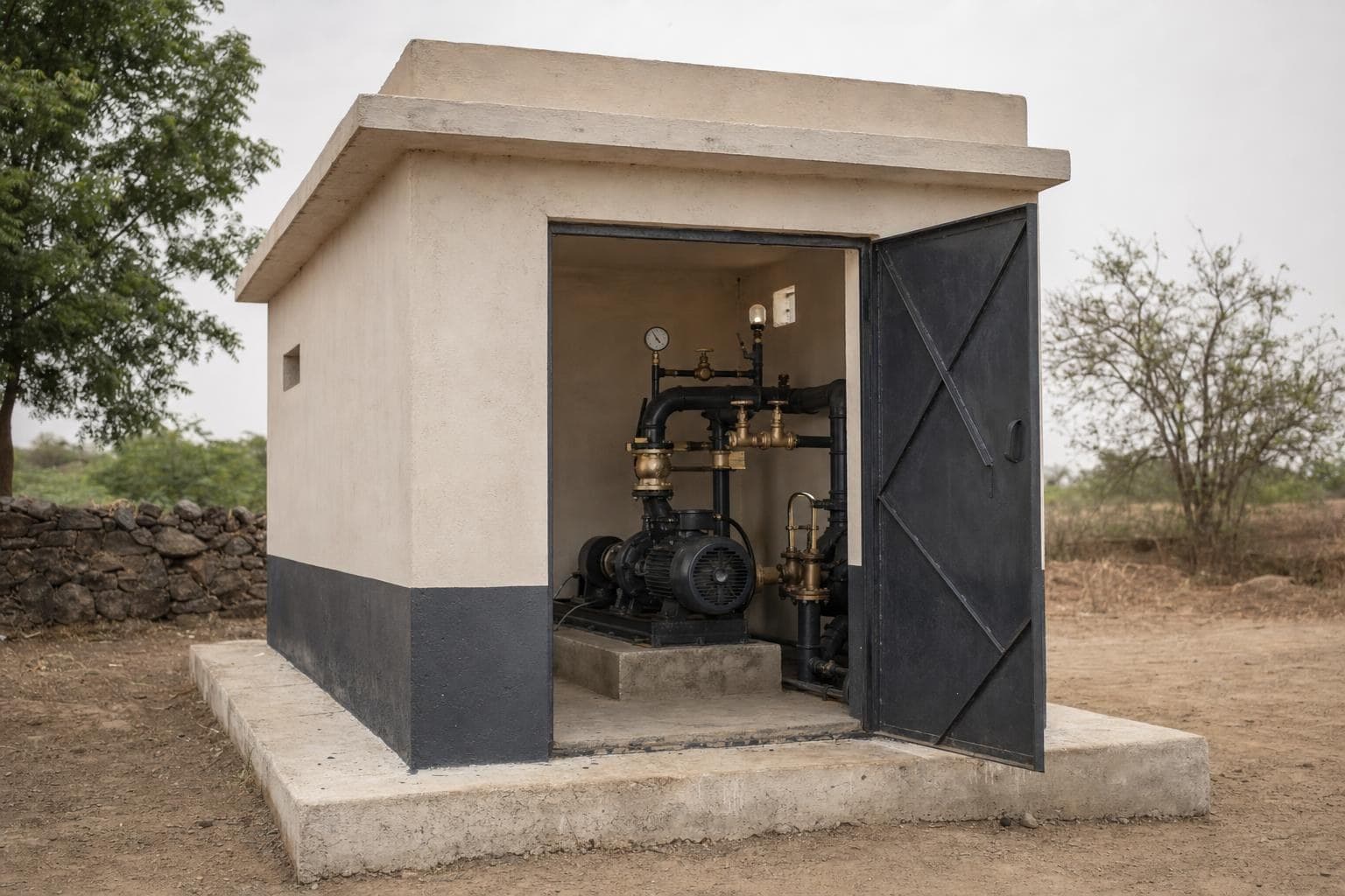 Pump house with pipework and valves for a village water supply scheme